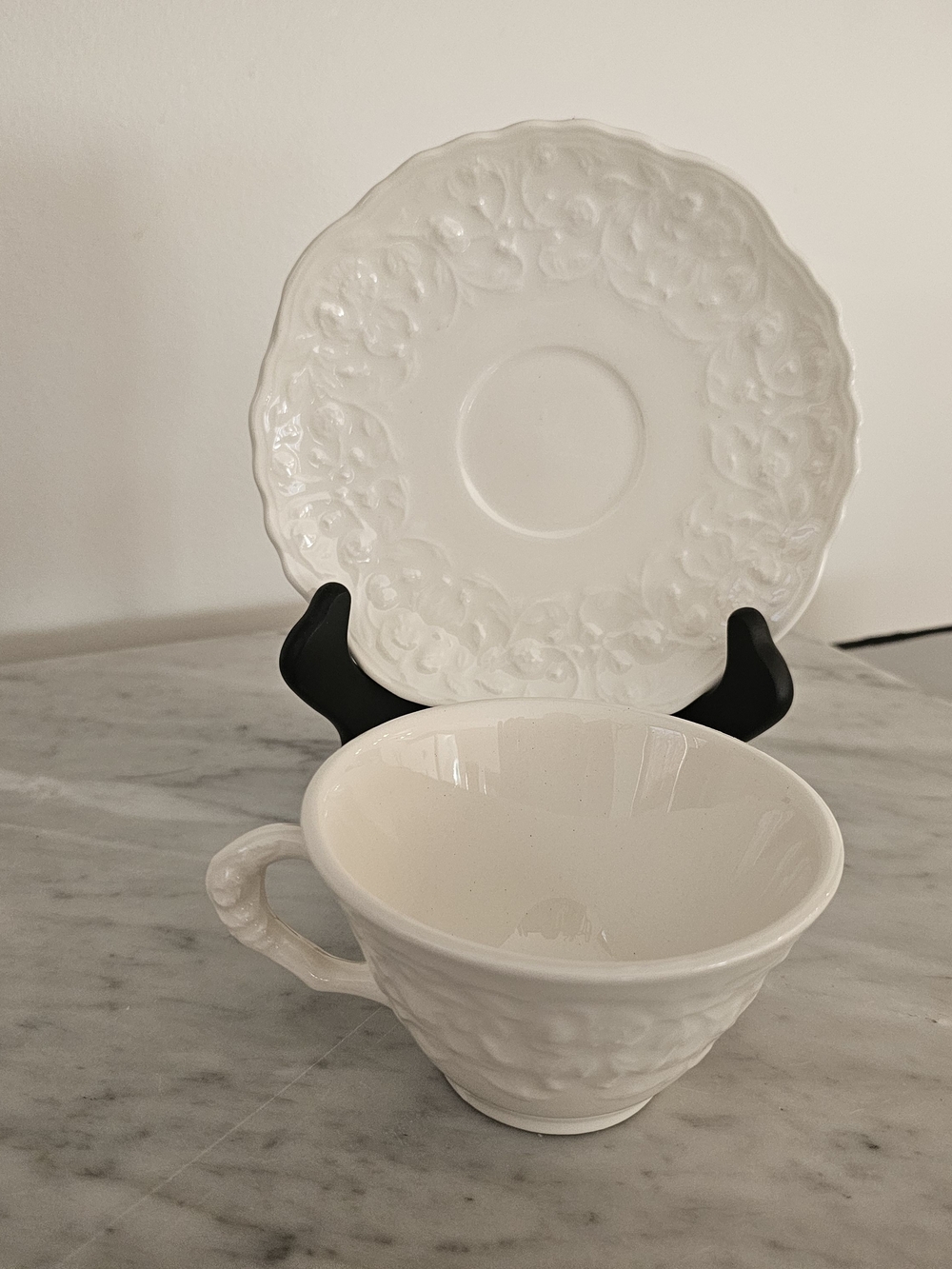 Steubenville Rose Point Tea Cup & Saucer Set White Embossed Floral Vintage - Picture 3 of 8